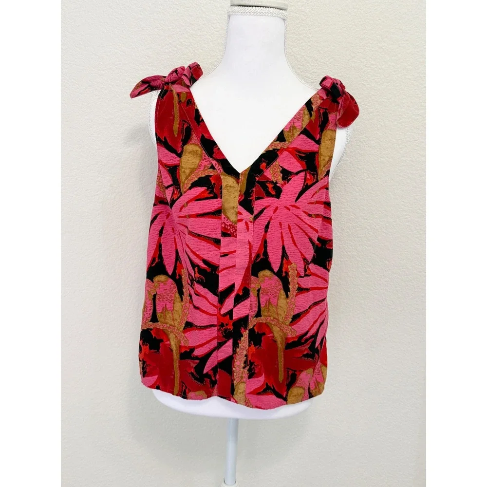J.Crew Re-Imagined Tropical Floral Parrot Tie Shoulder Tank Top Pink Red XS
